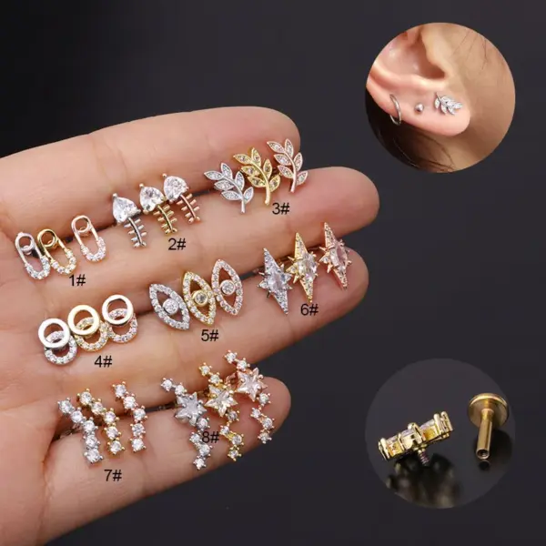 316L Stainless Steel Copper Zircon Ear Cartilage Rings & Studs Leaf Waterproof Non Tarnish Surgical Steel Women'S