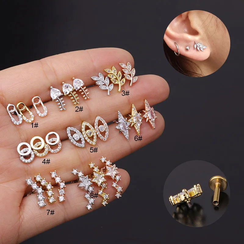 Wholesale 316L Stainless Steel Copper Zircon Ear Cartilage Rings & Studs Leaf Waterproof Non Tarnish Surgical Steel Women'S