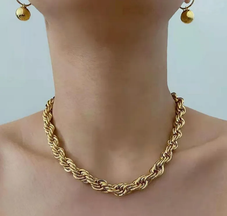 Wholesale Real Gold Plated 304 Stainless Steel PVD Coated Solid Color Waterproof Non Tarnish Twisted Rope Chain Necklace