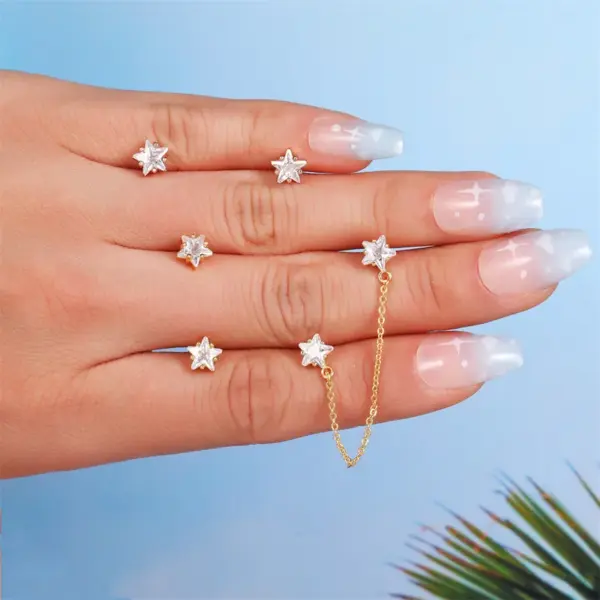 Wholesale Fashion Chain Five-pointed Star Double Pierced Ball Stud Copper Earrings