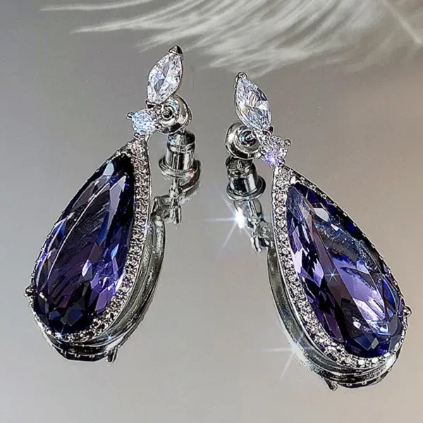 Wholesale Classic Water Micro-set Purple Zircon Contrast Color Long Copper Earrings Wholesale