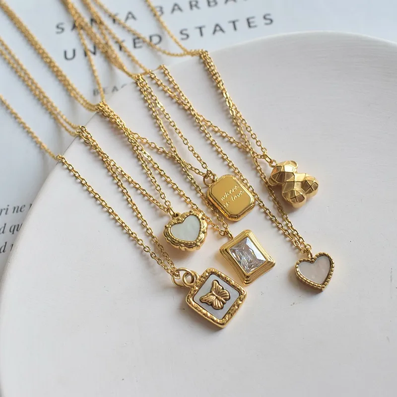 Wholesale Fashion Letter Heart Shape Butterfly Titanium Steel Inlay Zircon Pendant Necklace