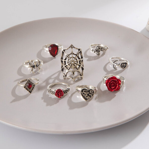 Wholesale Punk style dark heart-shaped inlaid red rose ring set