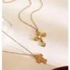 Wholesale 304 Stainless Steel Cross Rose PVD Coated Rhinestones Cat's Eye Stone Real Gold Plated Retro French Style Romantic Waterproof Non Tarnish Irregular Surgical Steel Cable Chain Lobster Trigger Clasp Closure Gold Pendant Necklace