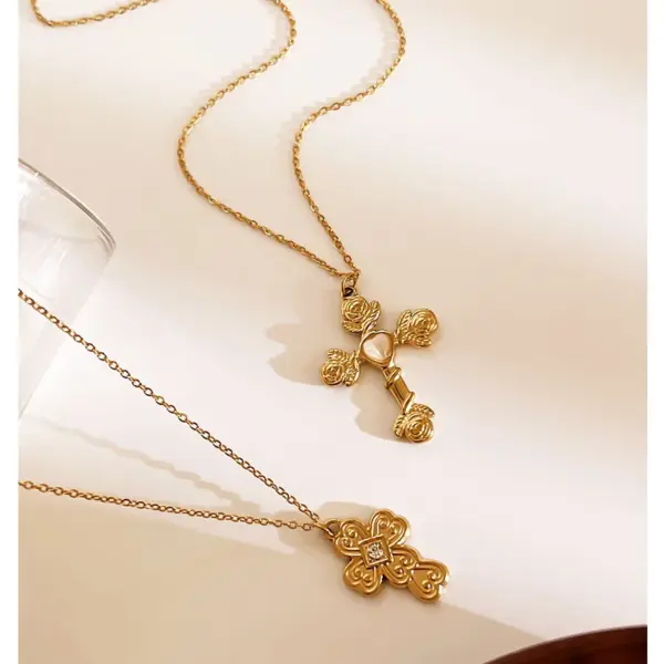 Wholesale 304 Stainless Steel Cross Rose PVD Coated Rhinestones Cat's Eye Stone Real Gold Plated Retro French Style Romantic Waterproof Non Tarnish Irregular Surgical Steel Cable Chain Lobster Trigger Clasp Closure Gold Pendant Necklace