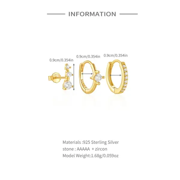 Wholesale 1 Set 925 Sterling Silver Zircon Geometric Hoop Earrings Ear Studs