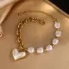 304 Stainless Steel Plastic Heart Shape Ion Plating (IP) 18K Gold Plated Elegant Waterproof Non Tarnish Beaded Pearl Regular Chain Gold Bracelets Necklace Jewelry Set