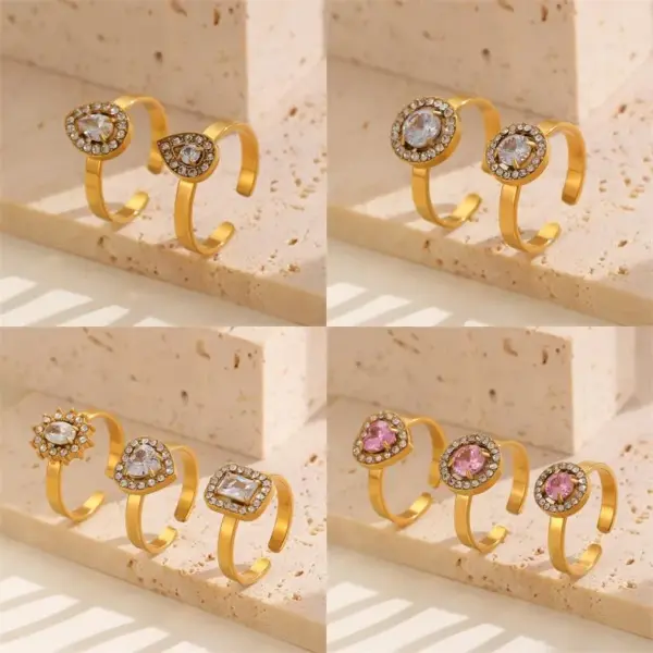 Wholesale Adjustable Open Stainless Steel Ring Geometric Heart Waterdrop Design White Pink Zirconia Embedded Fashionable Unisex Ring