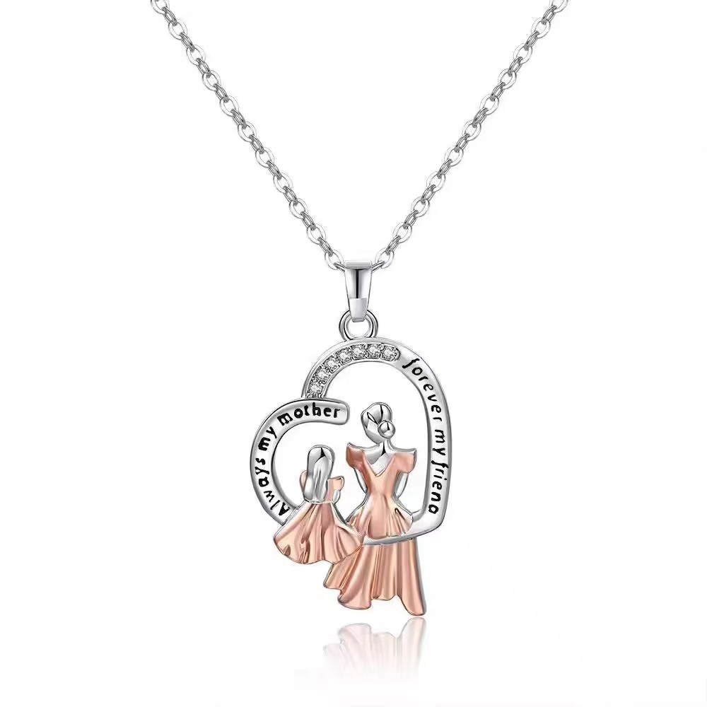 Wholesale Cross-border Fashion Heart-shaped European and American Two-color MAMA Mother's Day Pendant All-match Crystal Zircon Character Necklace Pend