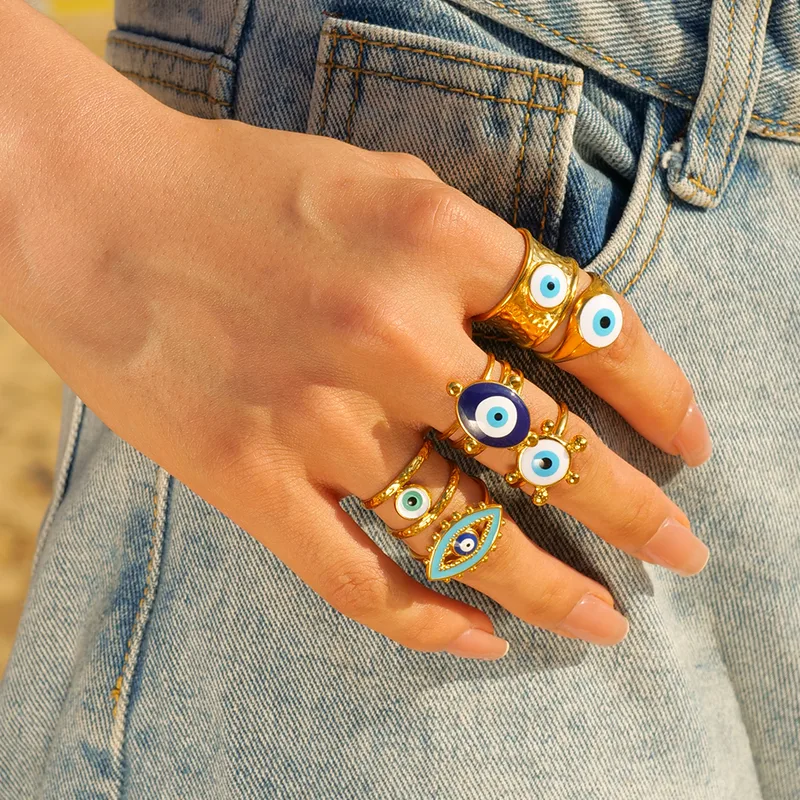 Wholesale PVD Coated Real Gold Plated Devil'S Eye 304 Stainless Steel IG Style Waterproof Non Tarnish Rings