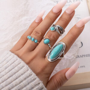 Wholesale Foreign trade new combination ring European and American retro bohemian feather large turquoise 4-piece set ring