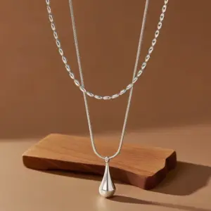 X01256-Double Layer Water Drop-Necklace-Steel Color