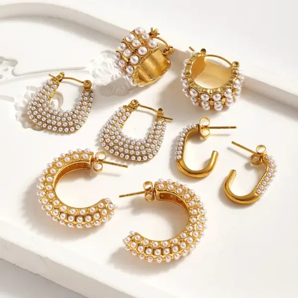 Wholesale Trendy Fashion Ins Style Gold-Plated Imitation Gold 304 Stainless Steel Imitation Pearl U-Shaped C-Shaped Simple Stud Earrings