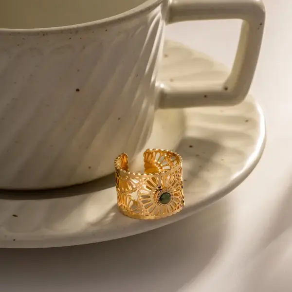 Wholesale Jewelry Fashion Round 304 Stainless Steel Natural Stone PVD Coated Plating Inlay Open Ring