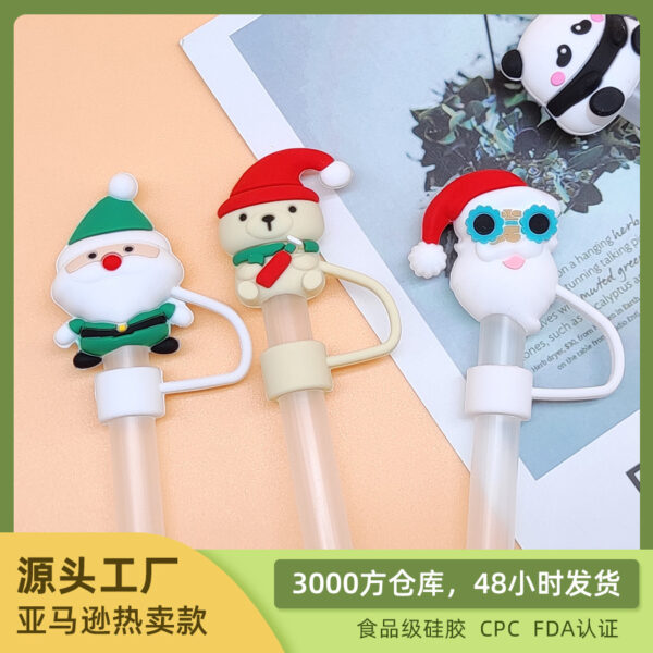 Wholesale New 10mm food grade silicone straw sleeve Christmas dust plug straw cap straw cap suit