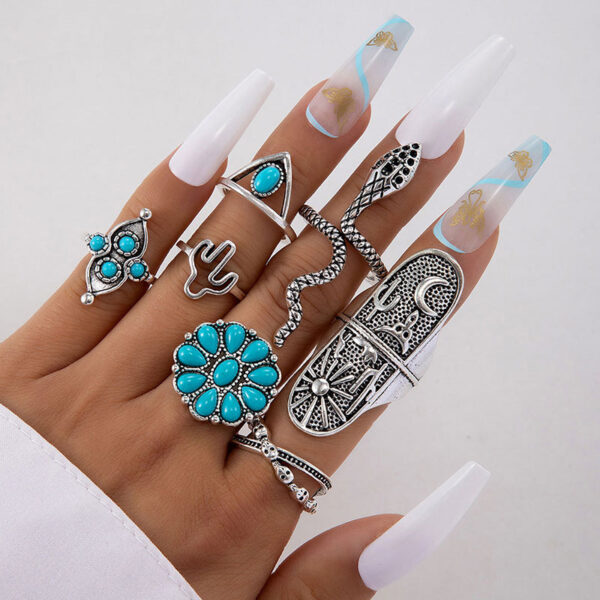 oly-86b88ac1370d2426957101872aeddd31 Wholesale Vintage Antique Turquoise Inlaid Exaggerated Ring suit Flower Crown Leaves Eagle Joint Ring Eight-piece Set