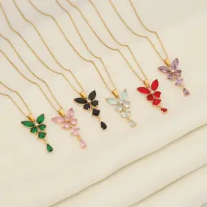 Wholesale IG Style Wedding Romantic Butterfly Stainless Steel Copper Plating Inlay 18K Gold Plated Glass Pendant Necklace