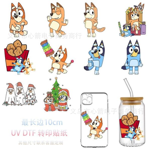 Wholesale Cartoon Bluey UV DTF Transfer Crystal Transparent Sticker 10cm Waterproof Scratch-Resistant Decorative Water Cup Wholesale Cross-Border