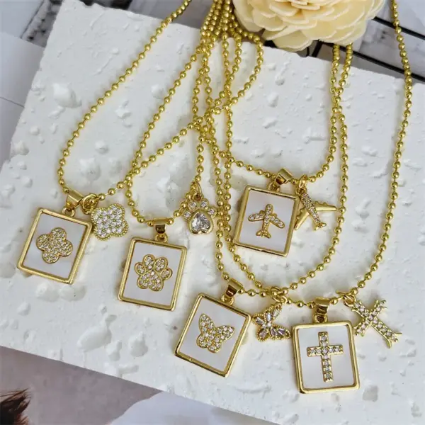 Wholesale Jewelry Retro Classic Style Cross Butterfly Airplane Copper Shell Zircon 18K Gold Plated Inlay Pendant Necklace