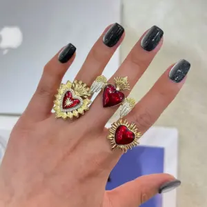 Wholesale Brass 18K Gold Plated Heart Shape Wings Zircon Adjustable Ring