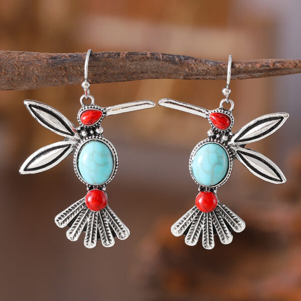 Wholesale Retro fashion inlaid turquoise bird pendant earrings