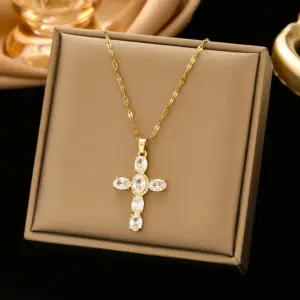 246 White Zirconium Cross Necklace-Gold / White