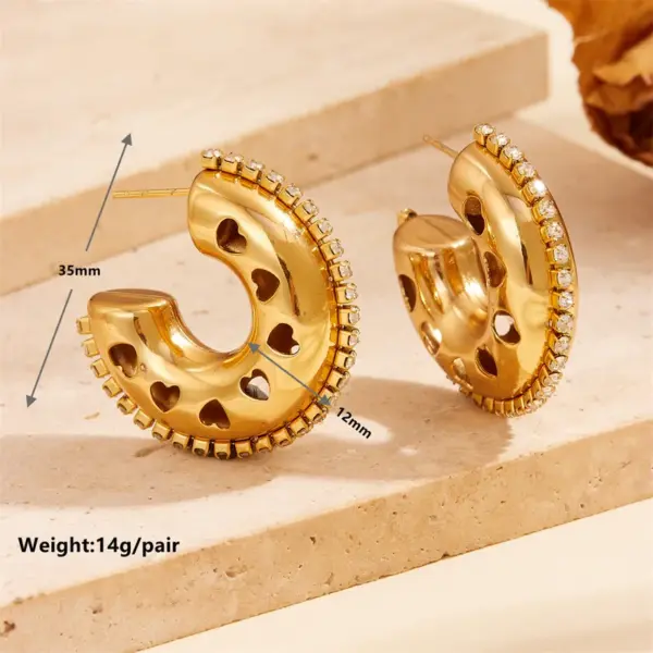 Wholesale 304 Stainless Steel C Shape Water Droplets PVD Coated Artificial Diamond 18K Real Gold Plated 18K Gold Vintage Style Waterproof Non Tarnish Plating Inlay Ear Studs