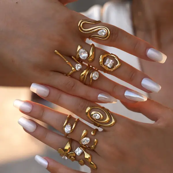 Summer Ladies 18K Gold Plated Stainless Steel Cubic Zirconia Ring Adjustable Size Elegant Luxury Romantic Jewelry Accessories