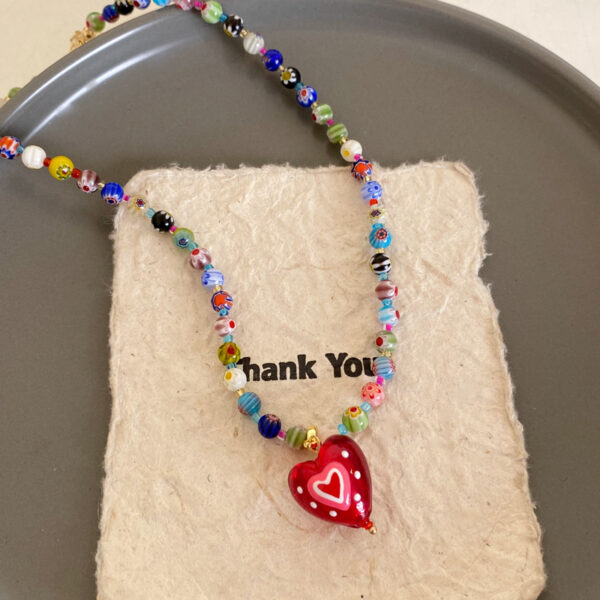 Wholesale Song Yanfei's Same Dopamine Colorful Beaded Necklace Red Heart Pendant for Women Summer Clavicle Chain Necklace Feel