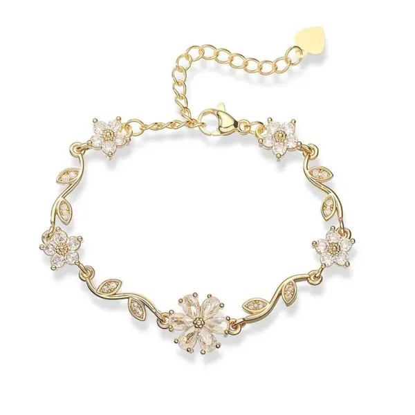 Wholesale Luxurious Copper Embedded Colorful Diamond Five-Petal Flower Branch Leaf Bracelet Creative Versatile Elegant Jewelry Accessory