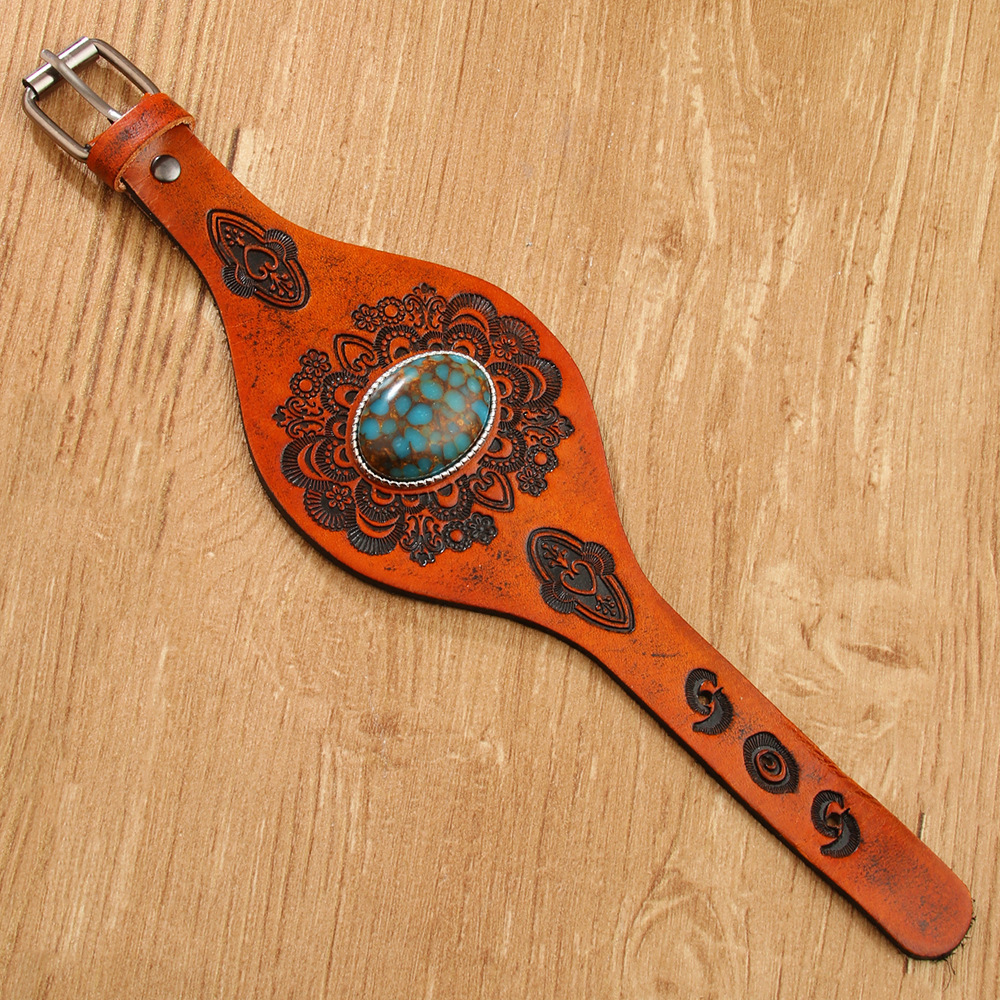 Wholesale Genuine Leather Bracelet, First-Layer Cowhide Genuine Leather Inlaid with Blue Turquoise Retro Pattern