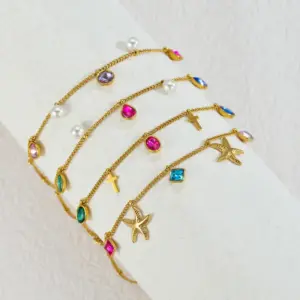 Wholesale 304 Stainless Steel Geometric PVD Coated Rhinestones 18K Real Gold Plated Princess Cute Artistic Waterproof Non Tarnish Inlay Anklet