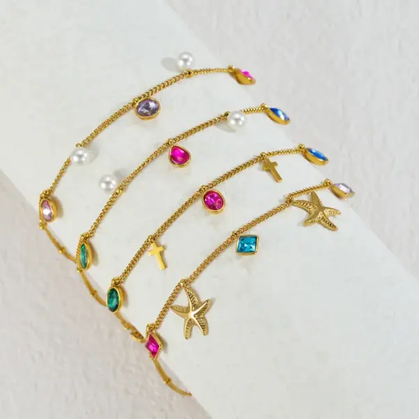 Wholesale 304 Stainless Steel Geometric PVD Coated Rhinestones 18K Real Gold Plated Princess Cute Artistic Waterproof Non Tarnish Inlay Anklet