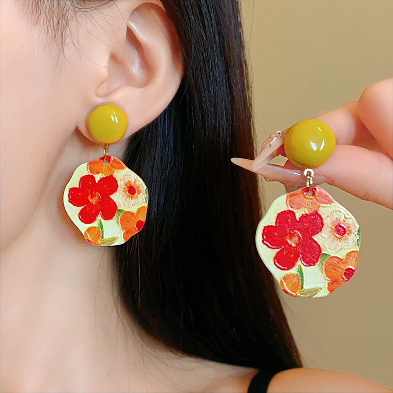Wholesale Sier Acrylic Irregular Flower Earrings Pastoral Oil Painting Sweet Fashion Earrings High-end All-match Earrings