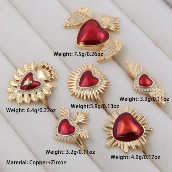 Wholesale Copper 18K Gold Plated Epoxy Plating Inlay Heart Shape Wings Zircon Open Rings
