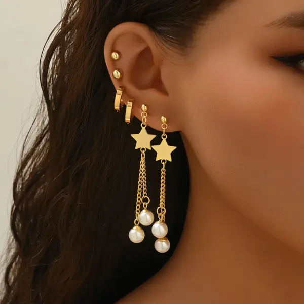 Three Pairs Fashion 304 Stainless Steel 18K Gold Plated Diamond Inlaid Asymmetric Star Circle Earrings Set For Women