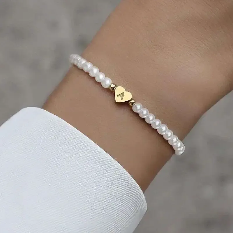 Wholesale PVD Coated Real Gold Plated Letter Heart Shape 304 Stainless Steel Artificial Pearl Elegant Simple Style Waterproof Non Tarnish Pearl Bracel