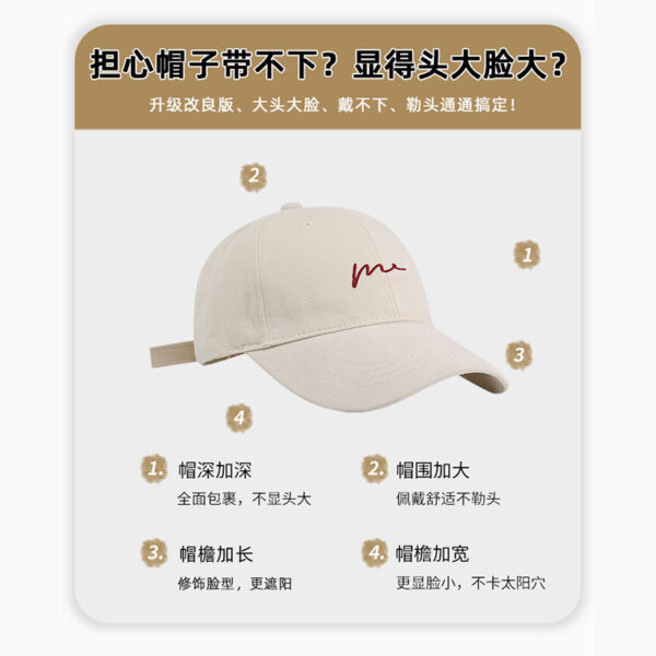Wholesale Big Head Cap Women's 2025 New Baseball Cap Showable Face Small Hard Top Wide Brim Shade Cap Men's Casual Trendy