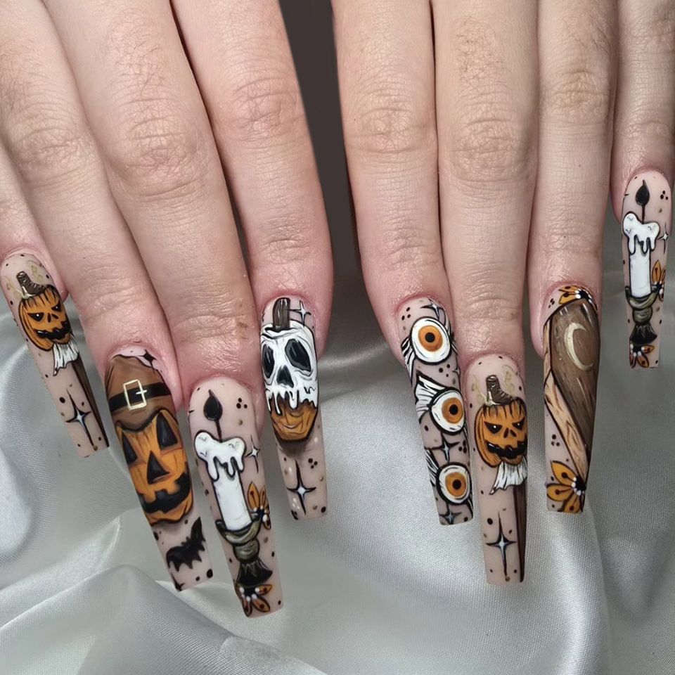 Wholesale Pumpkin long T false nail matte ghost candle wear nail tips