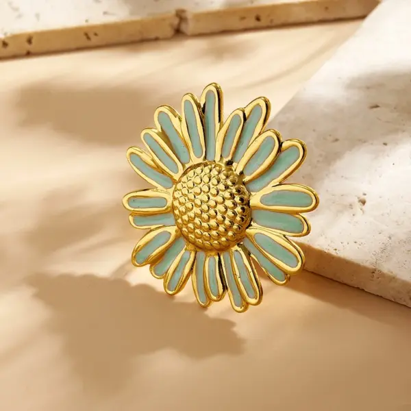 Wholesale Hot-Selling INS Style Real Gold Plated 304 Stainless Steel Furnace Electroplated Oil-Drip Daisy Open Ring Cute Vacation Style