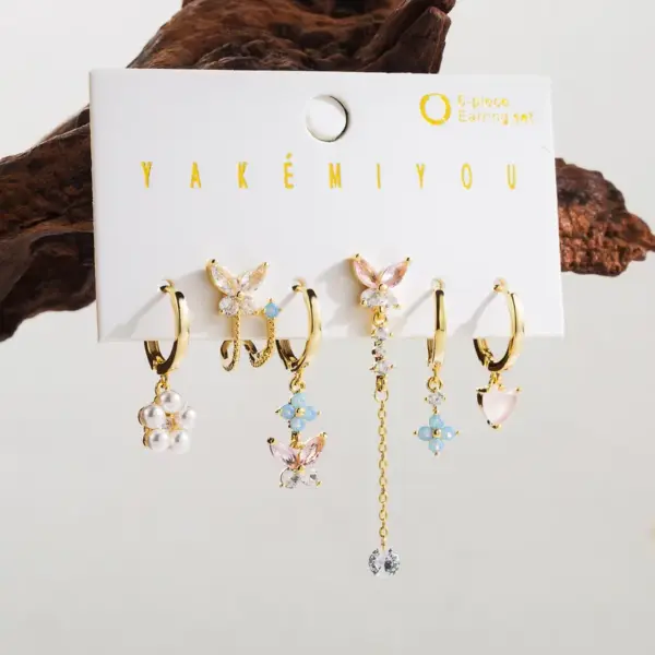 Wholesale 1 Set Yakemiyou Sweet Commute Flower Butterfly Inlay Copper Acrylic Zircon 14K Gold Plated Water Plating Drop Earrings