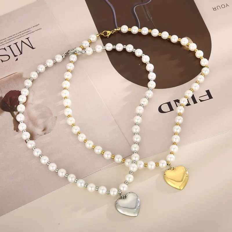 Wholesale Fashion Heart Shape Titanium Steel Beaded Pearl Plating Bracelets Necklace