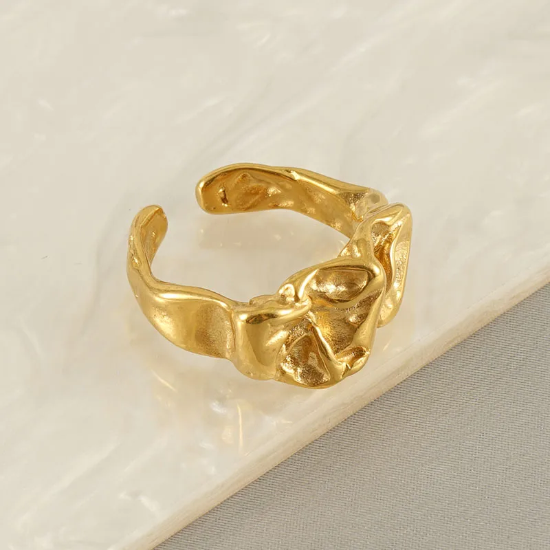 Wholesale PVD Coated 18K Gold Plated Solid Color Folds Stainless Steel Elegant Retro Waterproof Non Tarnish Open Ring