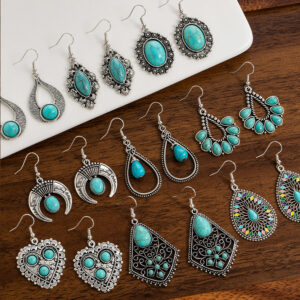 Wholesale Europe and the United States cross-border retro turquoise earrings geometric inlay Bohemian alloy personality earrings jewelry