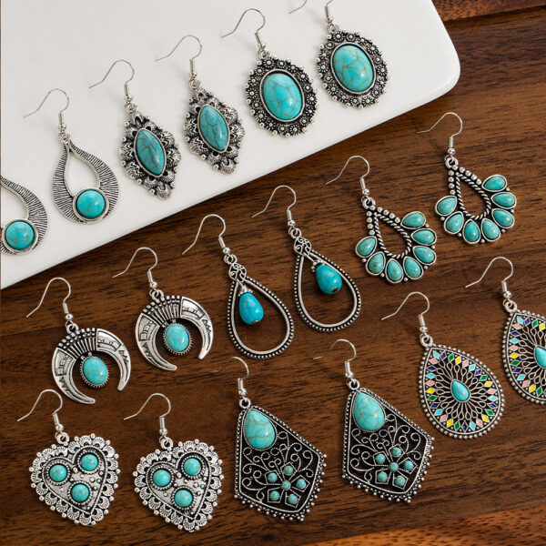 Wholesale Europe and the United States cross-border retro turquoise earrings geometric inlay Bohemian alloy personality earrings jewelry