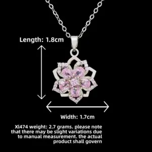 XL474 Rotating Full Pink Five-Petal Flower Necklace / Silver