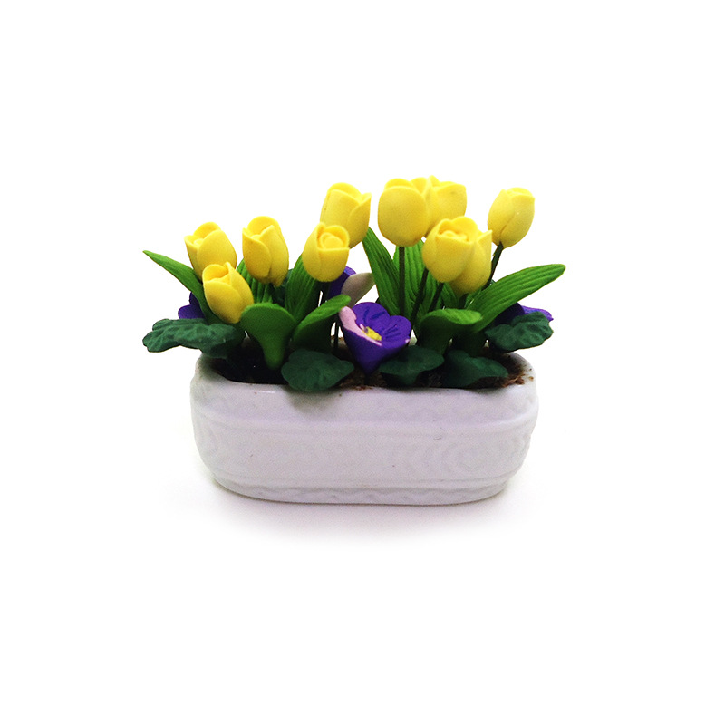 Wholesale 1:12 dollhouse aessories dollhouse mini clay flower yellow tulip artificial flower ornaments