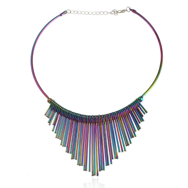 oly-88521afbf4522437153aa6f702ff97a9 Wholesale New European and American long tassel metal collar clavicle chain fan-shaped colorful short necklace trend punk style