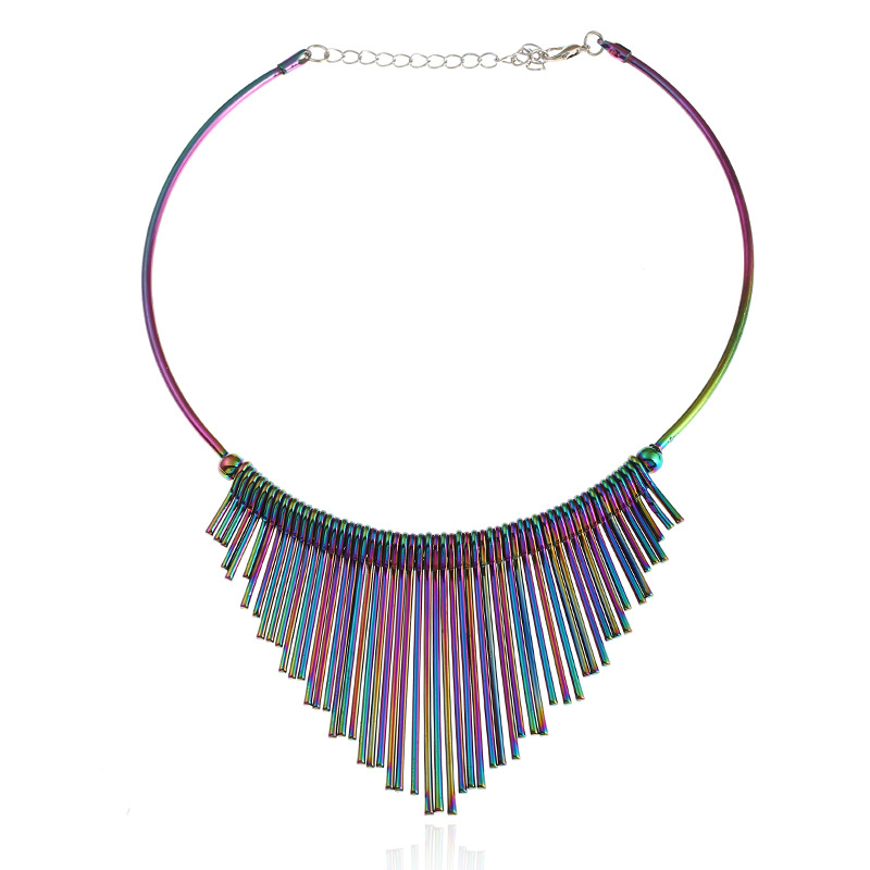 Wholesale New European and American long tassel metal collar clavicle chain fan-shaped colorful short necklace trend punk style