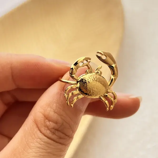 Wholesale PVD Coated Real Gold Plated Crab 304 Stainless Steel Vacation Marine Style Waterproof Non Tarnish Open Rings